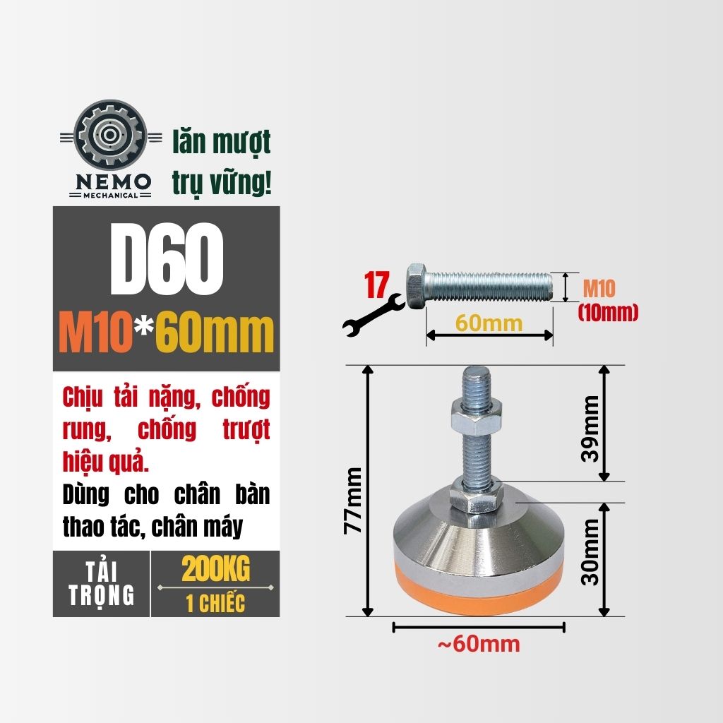 Chân Tăng Chỉnh Chịu Tải Nặng – Bát Thép Mạ Crom, Chịu Lực 1.5 Tấn (M10, M12)